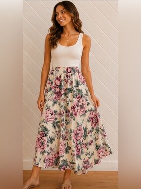 CAROLE LITTLE Vintage Cream Floral Maxi Skirt